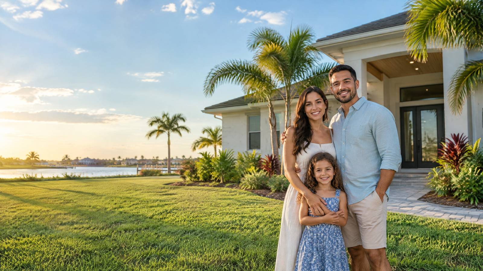 Young family standing in front of their new home in Cape Coral, Florida